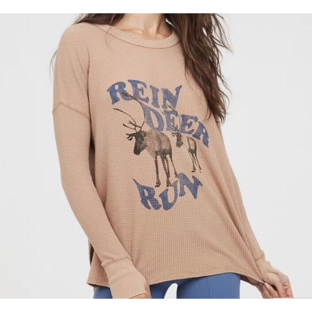 Offline By Aerie WOW Waffle Long Sleeve‎ T-shirt Reindeer Christmas